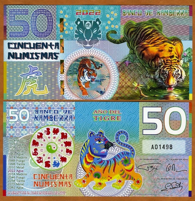 Kamberra, 50 Numismas, Polymer, China Lunar Year 2022, UNC, Tiger 
