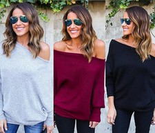 Women's Off Shoulder Batwing Sleeve Loose Pullover Sweater Knit Jumper Oversized
