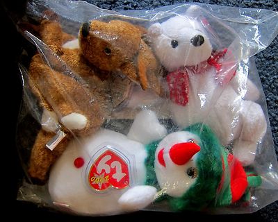 Ty HOLIDAY SET OF 3 BEANIE BABIES 2000 ROXIE SNOWGIRL HOLIDAY TEDDY SEALED MINT