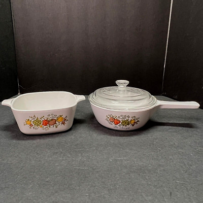 2 Vtg Corning Ware Spice of Life Pans Menuette Skillet & Lid, Petite Casserole