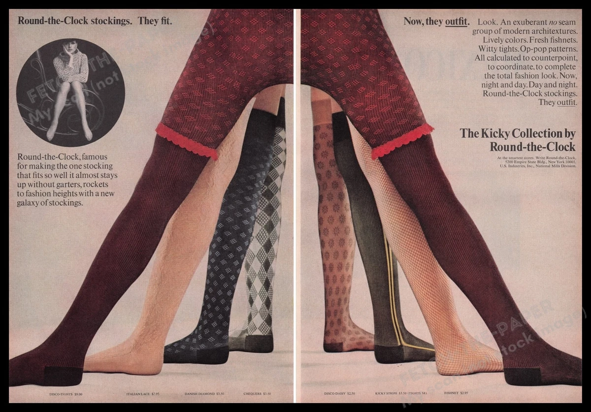 Round-the Clock Stockings 1960s Print Advertisement (2 pgs) 1965 Tights  Hosiery | eBay