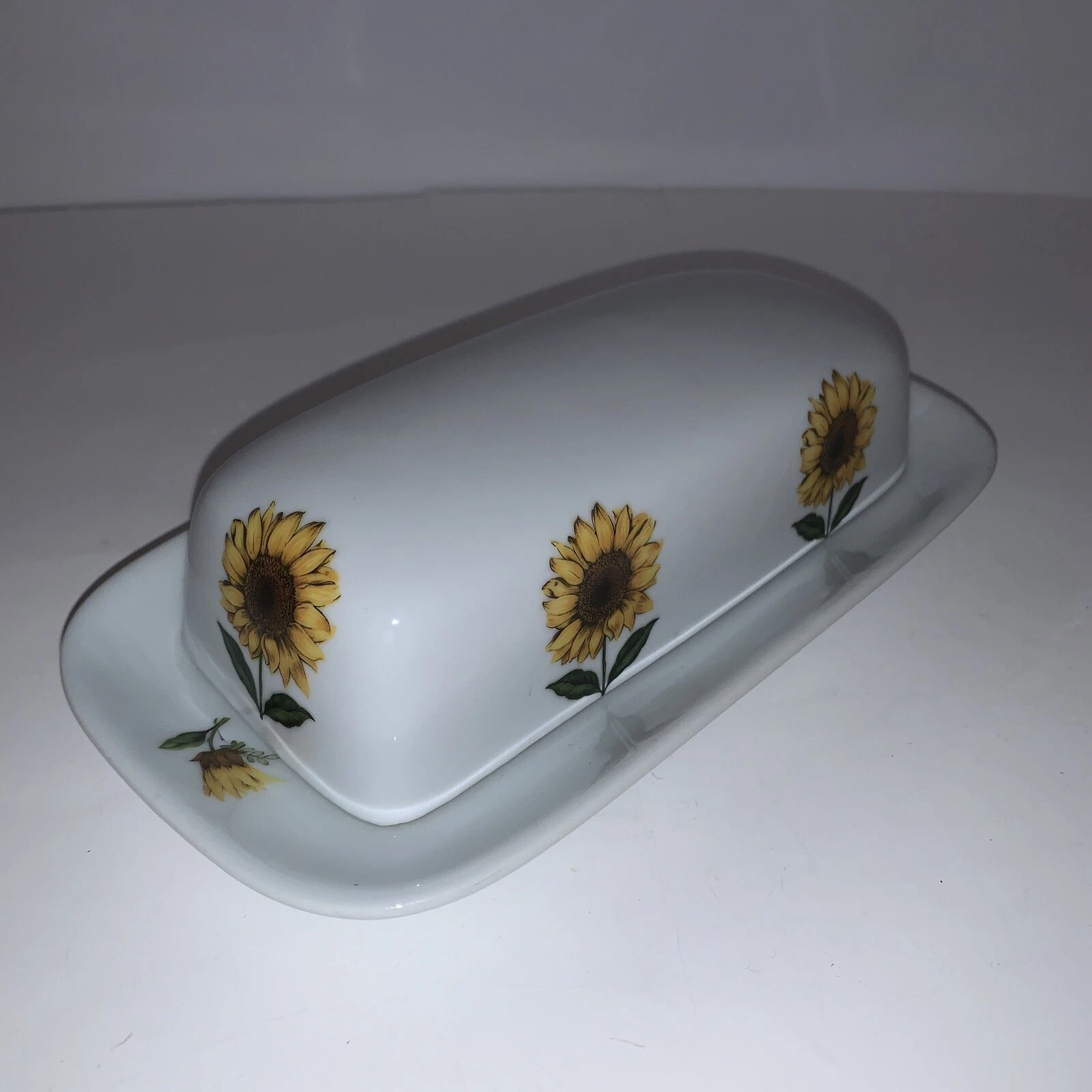 VTG Covered Butter Dish Sunflowers Hand Decorated USA Cordon Blue International