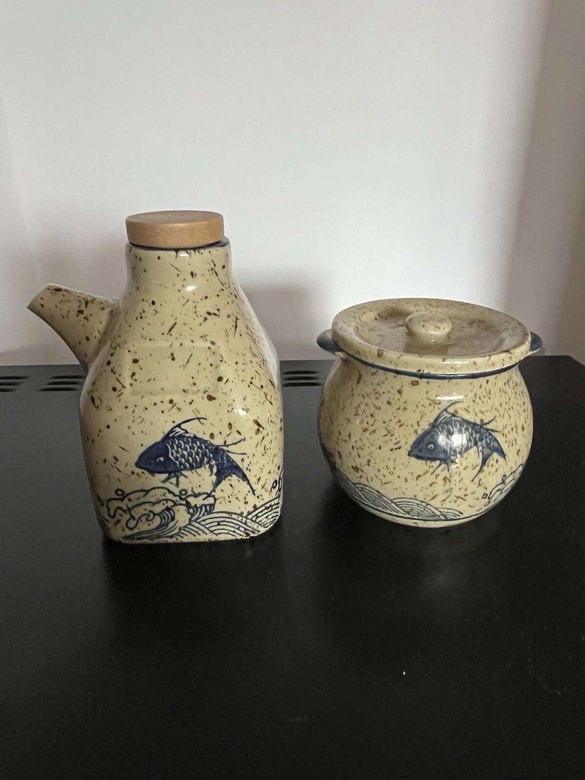 Japanese Ceramic Oil/vinegar Bottle 5” & Seasoning Jar W/lid 3.25 Fish Motif