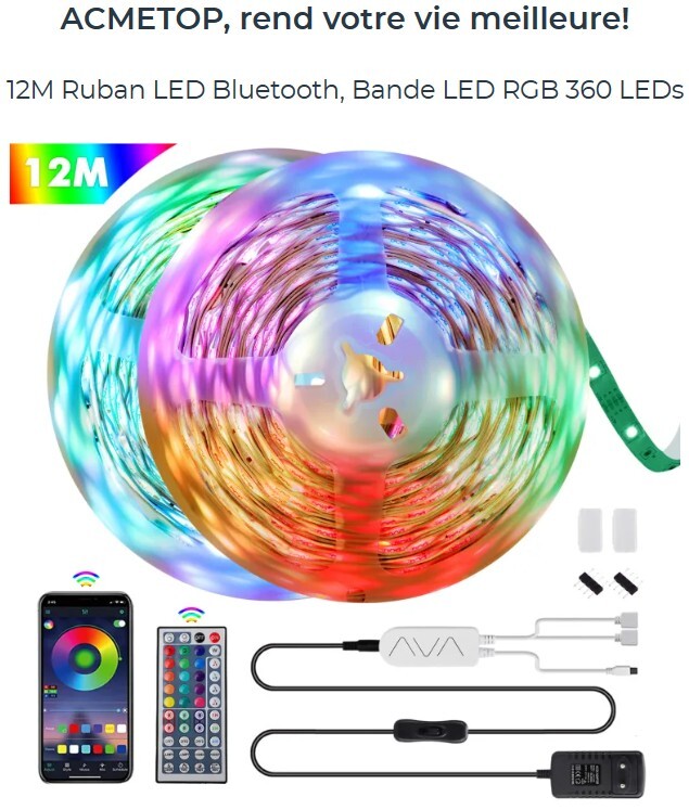 Ruban LED Bluetooth 12M pour éclairer les grands espaces sombres sans travaux