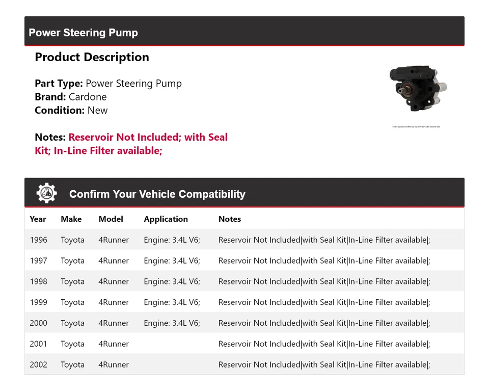 For 1996-2002 Toyota 4Runner Power Steering Pump Cardone 1997 1998 1999 2000 - Image 2 of 4
