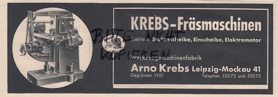 LEIPZIG-MOCKAU, Werbung 1939, Arno Krebs Werkzeug-Maschinen-Fabrik Fräsmaschinen