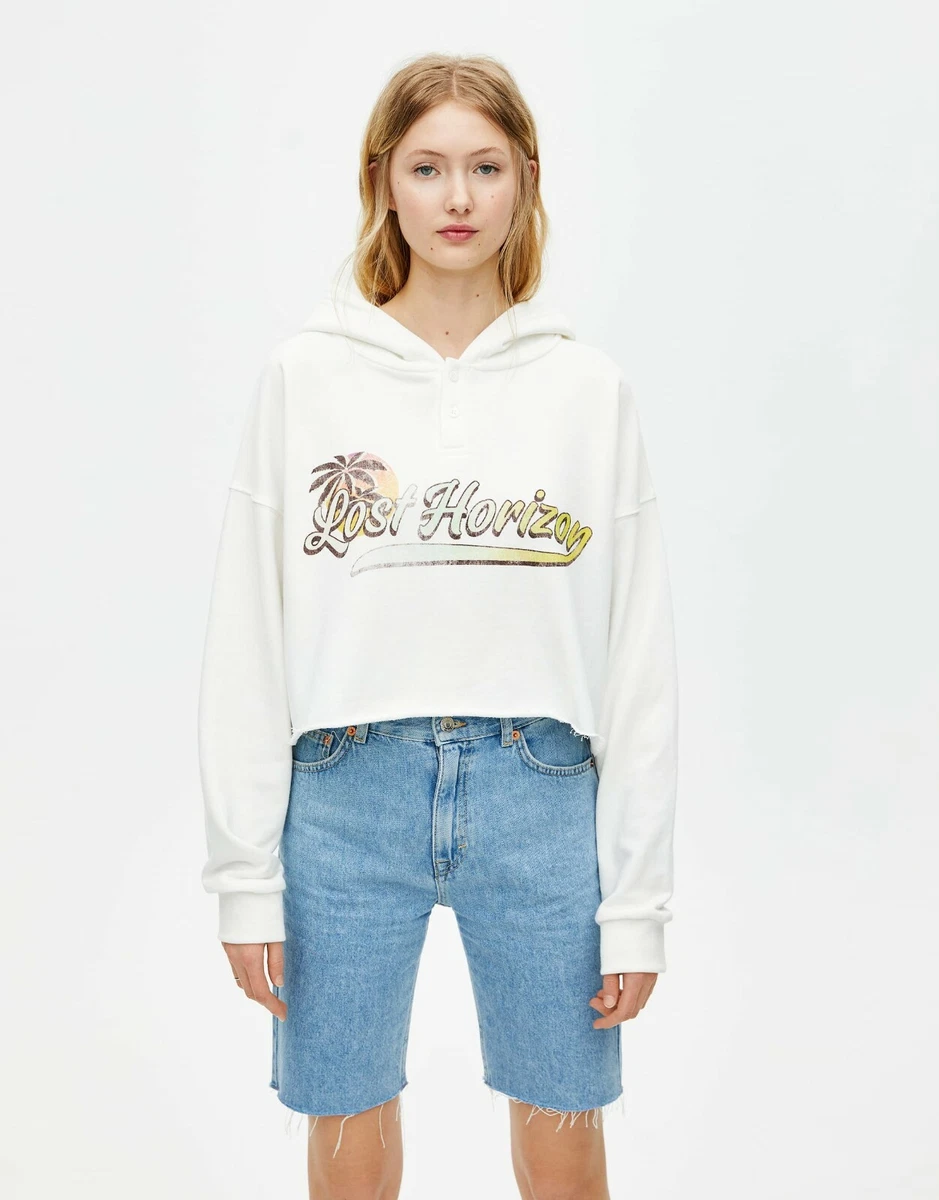 Pull &amp; Bear Crop Hoodie Sweatshirt Palm Tropical Medium | eBay