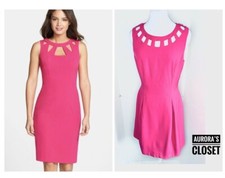 Eliza J 10 Hot Pink Sheath Dress Cutout Neck Cage Pleated 