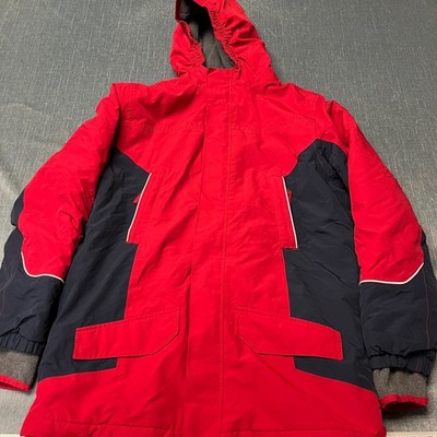 Lands End Kids Jacket Size XL 18-20 Red Blue Squall Parka Hooded Fleece Lined