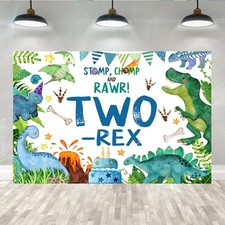 7x5ft Blue Dinosaur 2nd Birthday Backdrop Two-Rex Party Photo Background