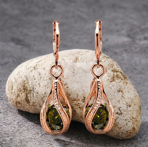 Green Crystal Teardrop Dangle Earrings Rose Gold Tone Rhinestone Leverback