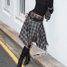 Summer Irregular Skirt Y2k  Aesthetic Streetwear Vintage Plaid Midi Skir