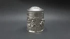 Lovely 1900s Siam 925 Silver Round Cylindrical Table Box w Palace Motifs 157g