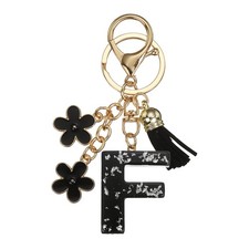 Alphabet Initial Letter Keychain Cute Charm with Tassel Flower Letter F Black
