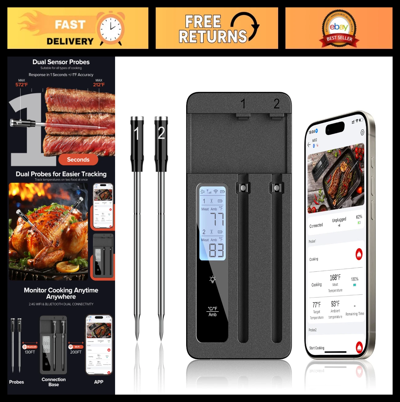 Wireless Meat Thermometer with Dual Probes, Bluetooth & WiFi, Remote Alerts for
Opens in a new windo