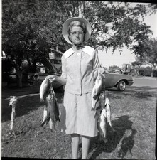 A23 Negative 2-1/4" Vintage Mariposa CA Woman Fisherman Catch Fish 689a