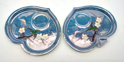 2 VTG Japan Hand-Painted Blue Lusterware Porcelain Plates Cherry Blossom Mt Fuji