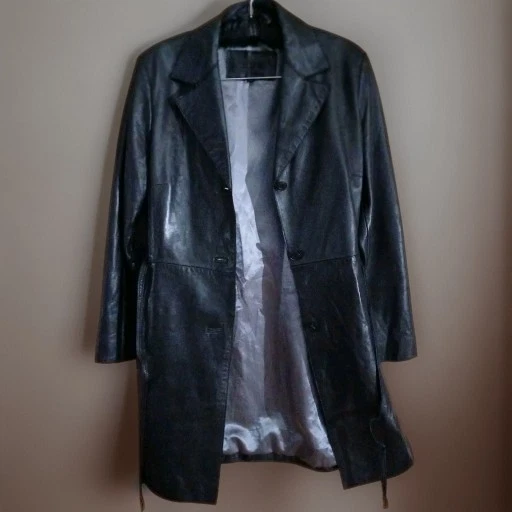 GUESS Women's Black Leather Trench Coat Long Lined Button Tie, Size M image 4