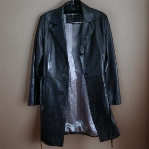 GUESS Women's Black Leather Trench Coat Long Lined Button Tie, Size M image 4