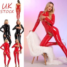 UK Women WetLook Catsuit Crotchless Jumpsuit Leather Bodysuit Clubwear Nightwear