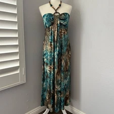 R&M Richards Maxi Dress Teal Brown Beaded Halter Medium y2K style Vacation USA