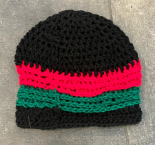 Hand Crochet Beanie Skull Cap Black Red Green Striped Design Unisex