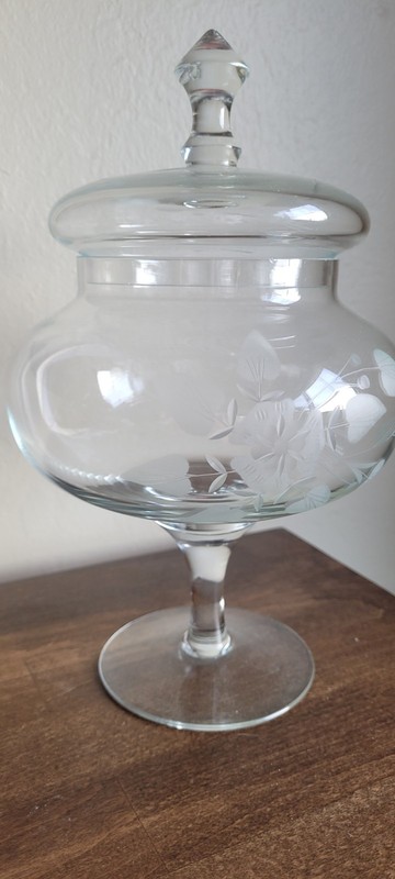VTG Floral Etched Glass Pedestal Lidded Apothecary Cookie Candy Jar