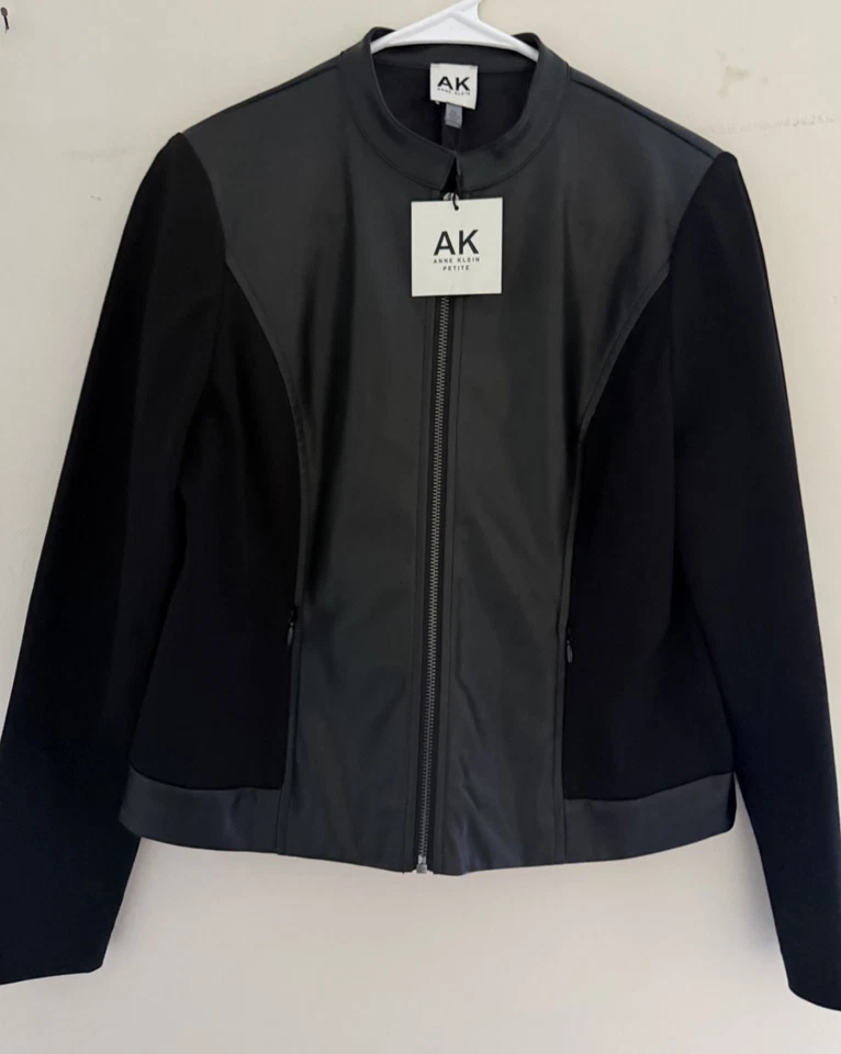 NWT AK Anne Klein Petite Mandarin-Collar Zip-Up Jacket Faux Leather Panels, PS - Image 4 of 4