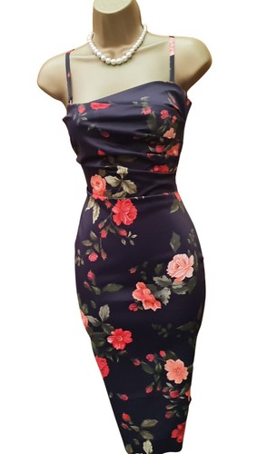 Karen Millen UK 10 Vintage Black Red Rose Floral Print Cocktail Pencil Dress - Picture 7 of 9