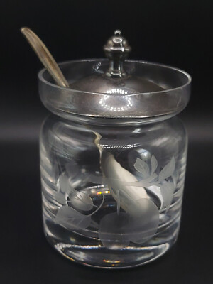 Vintage Gewürzglas aus geätztem Glas mit Deckel & Löffel aus Sterlingsilber *