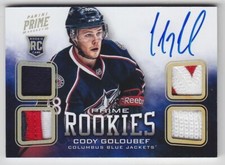 2012-13 PANINI PRIME CODY GOLOUBEF RC AUTO PATCH /25 QUAD HOLO GOLD Rookie Jacke