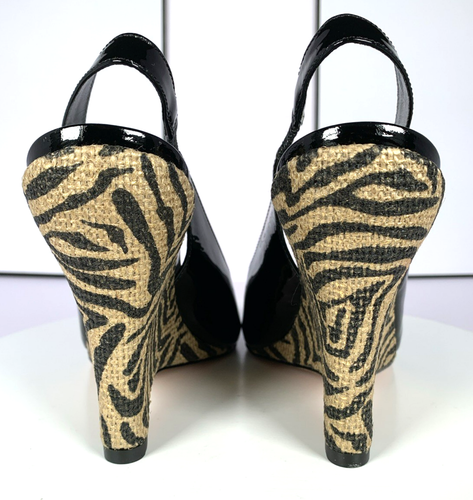 Via Spiga Womens Black Patent Leather Peep Toe Zebra Print Wedge Sandal 8.5 $198 - Picture 7 of 21
