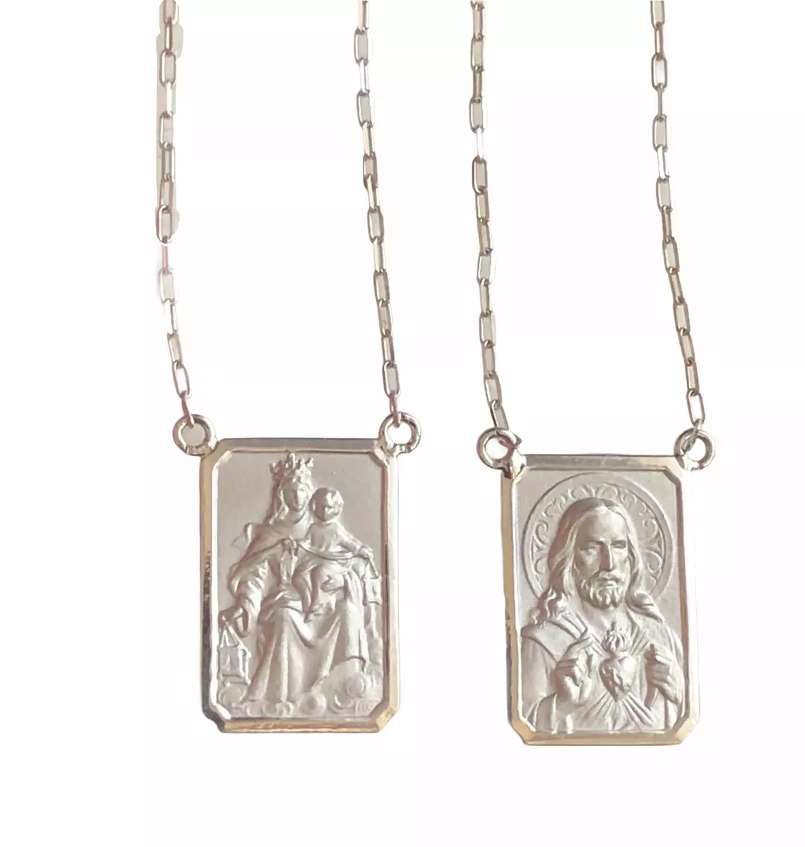 18k White Gold Scapular Lady of Carmel with heart of Jesus Medium Medal