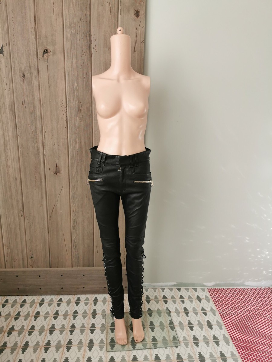 6K BALMAIN LACE UP HIGH WAIST LEATHER PANTS GOLD ZIPPERS PERFECT