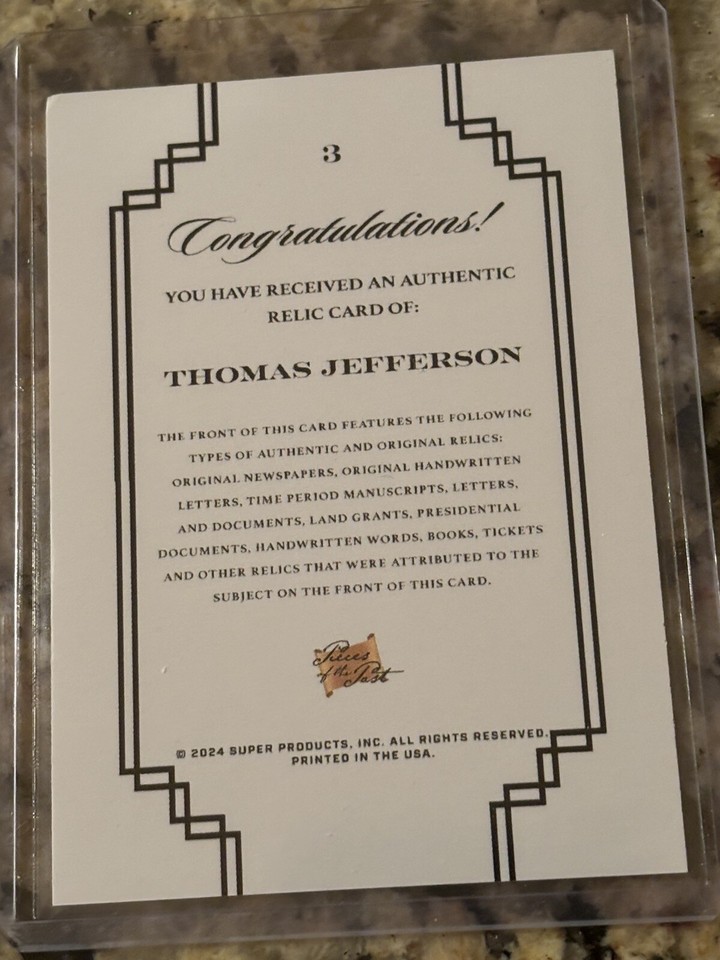 THOMAS JEFFERSON 2024 PIECES OF THE PAST RARE AUTHENTIC RELIC CARD eBay