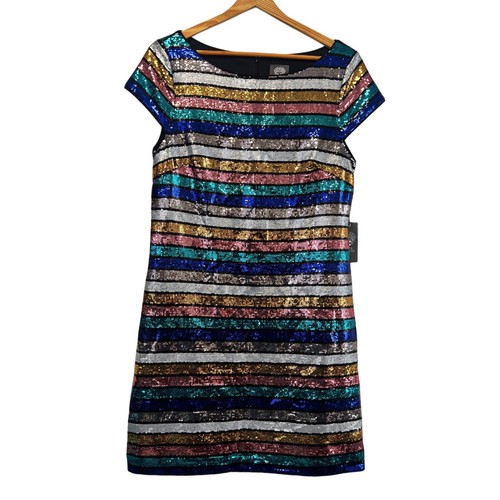 VINCE CAMUTO Women’s Blue Sequined Short Sleeve Mini Sheath Party Dress 10 NWT - Picture 2 of 13