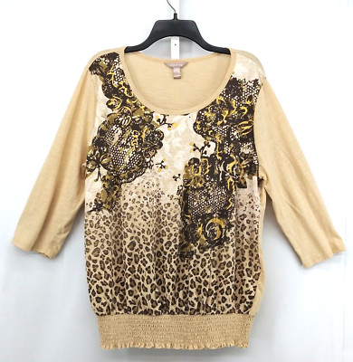 White Stag Shirt Womens Plus Size 2XL Brown Beaded Animal Print 3/4 Sleeve Top