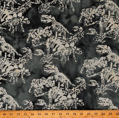 Cotton Batiks Dinosaurs Fossils Bones Charcoal Fabric Print by Yard ...