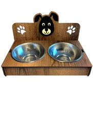 Elevated Cat Dog Food Feeding Stand Station Stainless Double Raised Bowl Wooden