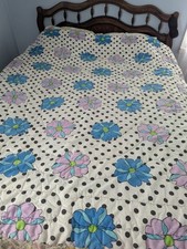 Vtg 70s Mod Floral Polka Dot Pattern Flower Power Quilted Blanket Comforter
