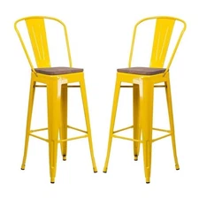 Home Square 30" Metal Bar Stool in Yellow and Wood Grain - Set of 2