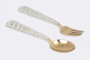 Authentic 925 Silver & Gold Plated White Enamel Flowers Fork & Spoon Set (94.80g.)