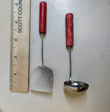 Vintage Kid's Kitchen Play Utensils Metal Red Wood Handle Spatula Ladle