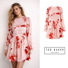 NEW Ted Baker Fantasia lace Trim Cream and Red Floral Dress Sz 1 US 4