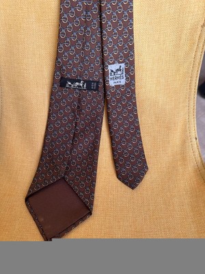 HERMES Necktie Tie Brown all-over pattern 100% Silk made in France