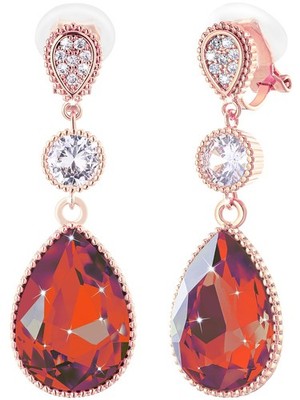 Clip On Red Crystal Dangle Non Pierced Earrings for Women (Jul-Ruby-Rose Gold Pl