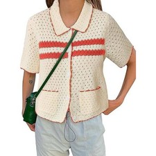 Crochet Knit Cardigan Womens M Cream Grannycore Cottagecore Hippie Boho Retro