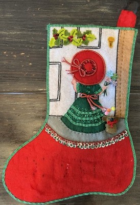 VTG 50 s VTG Hand Crafted  Appliqué Sequence  Christmas Stocking RARE FIND