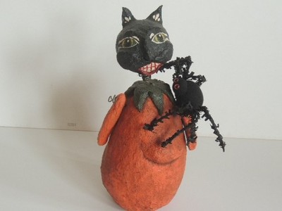 Paper Mache Black Anthropomorphic Cat pumpkin Body & Spider Halloween Figure