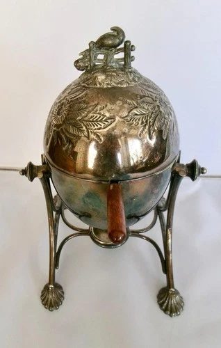 Antique 1893 Aesthetic Movement Silver Plate Egg Coddler Boiler w/Peacock Finial